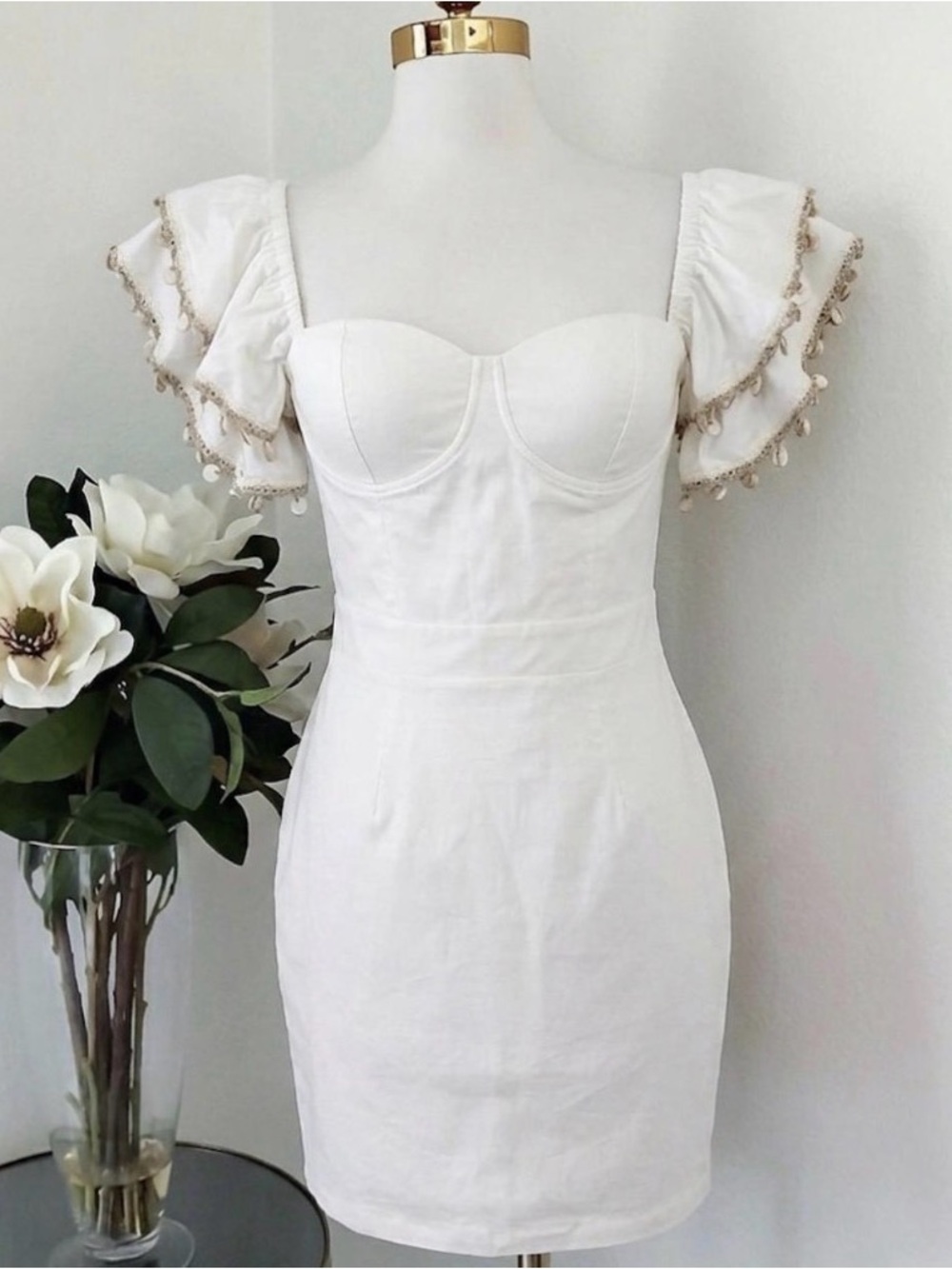 White Puff-Sleeve Mini Dress with Beaded Trim